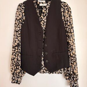 Mango Black Floral Blouse with Cream and Yellow Accents